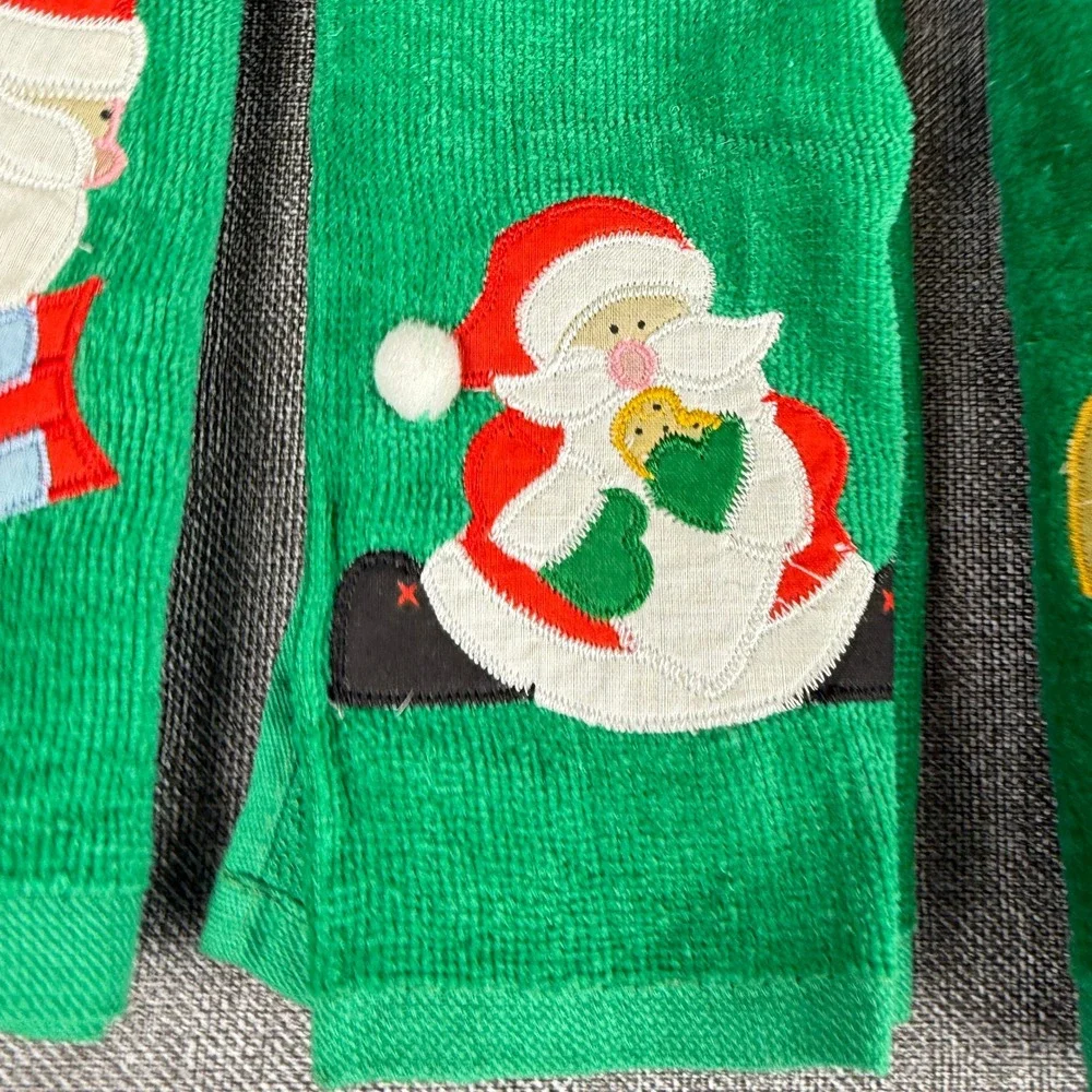 Cecil Saydah Christmas Towel Set 3pc Green Santa Applique Ramie Cotton Excellent